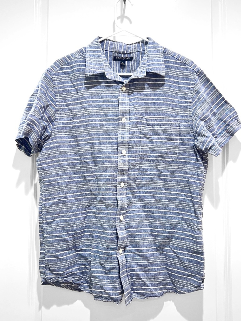 Banana Republic Shirt Mens L Large Blue Striped Linen Blend coastal nautical